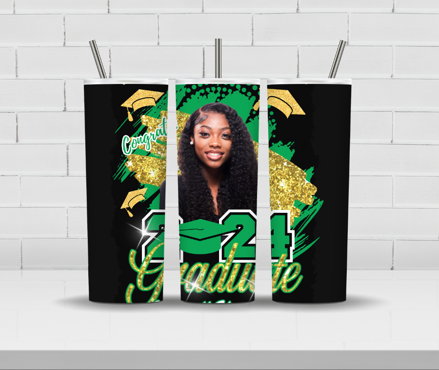 Custom Grad Photo Tumbler Cup (Black Green Theme) Free Shipping